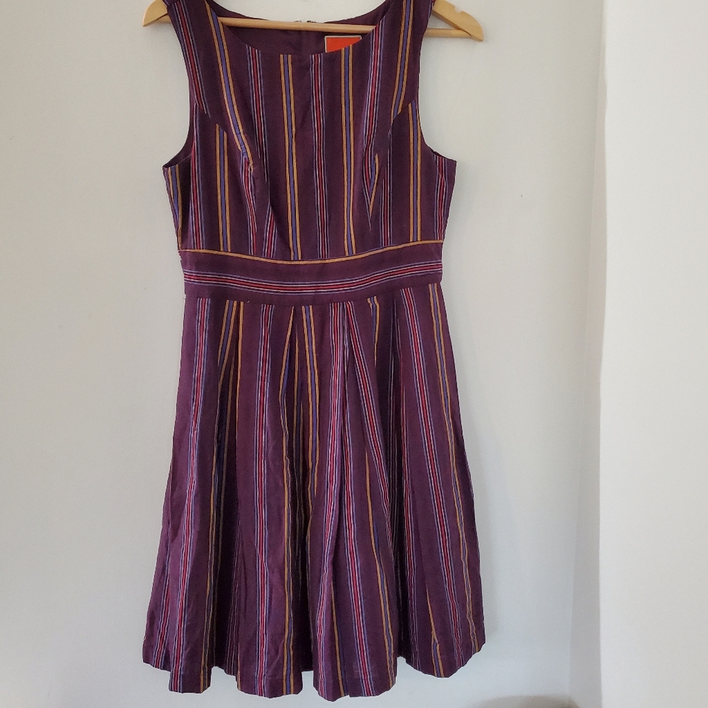 MODCLOTH M Purple Striped Sleeveless Fit & Flare Dress Pleats Pockets Lined EUC - Picture 4 of 14